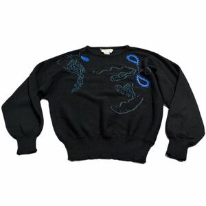 80s Vintage Lilly of California Abstract Embroidered Knit Sweater (Black/Blue)M